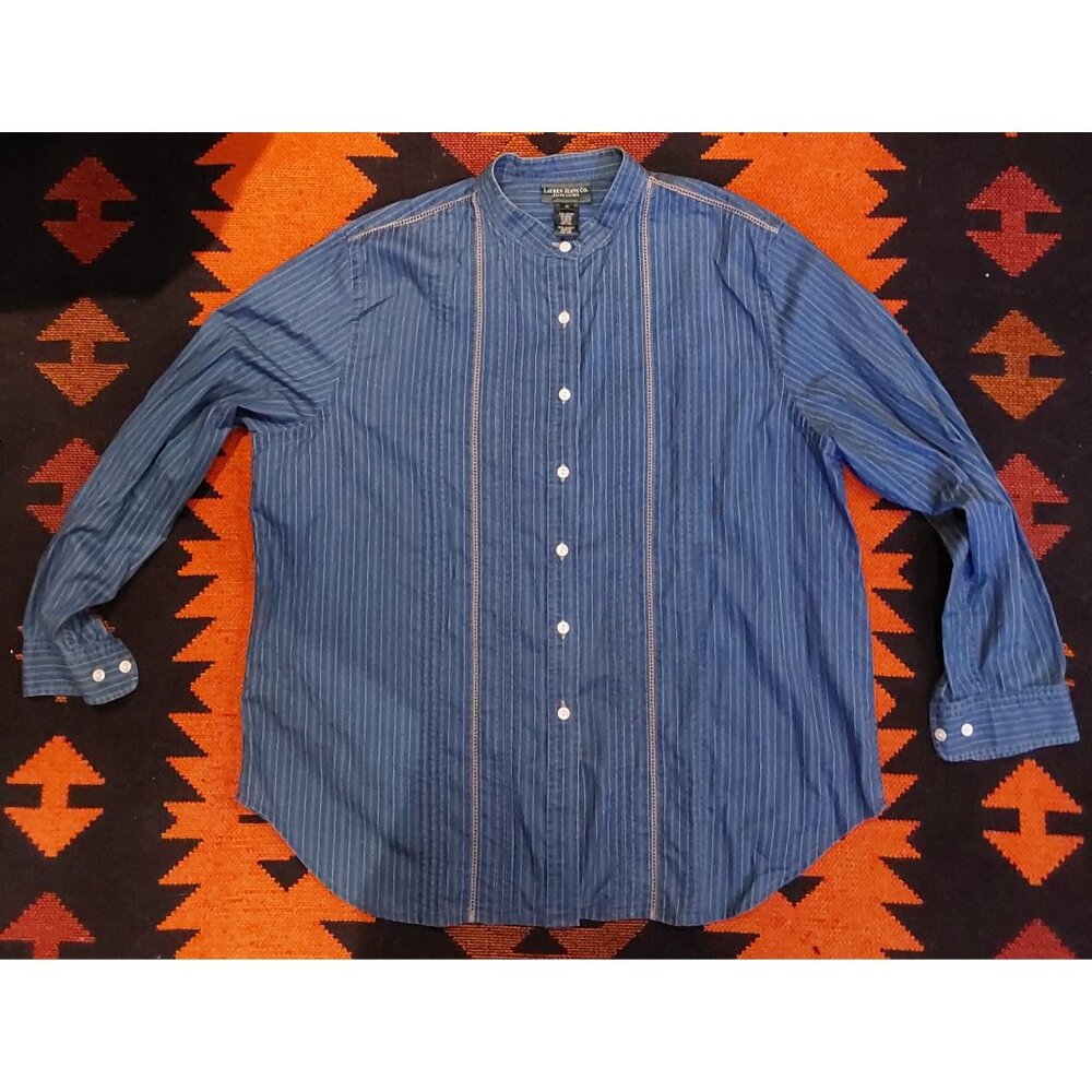 Lauren Jeans Women's Plus Bohemian Blue Stripe Beige Knit Detail Nero Shirt. 1X
